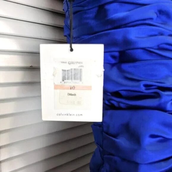 Calvin Klein Bodycon Cocktail Wiggle Dress Sz 10 Royal Blue Satin NWT Ruched - Picture 7 of 13